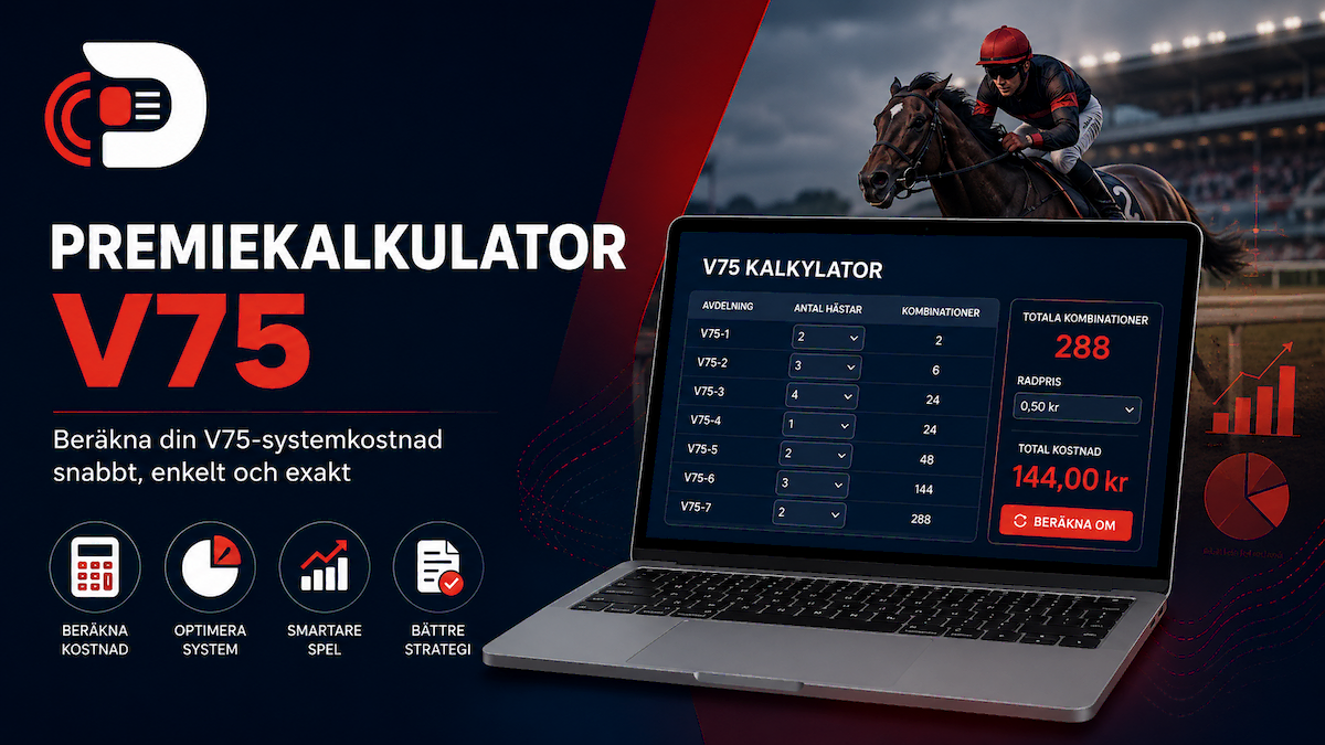 Premiekalkulator V75 calculator dashboard showing horse racing betting system calculations, combinations, and cost estimation with racing background.