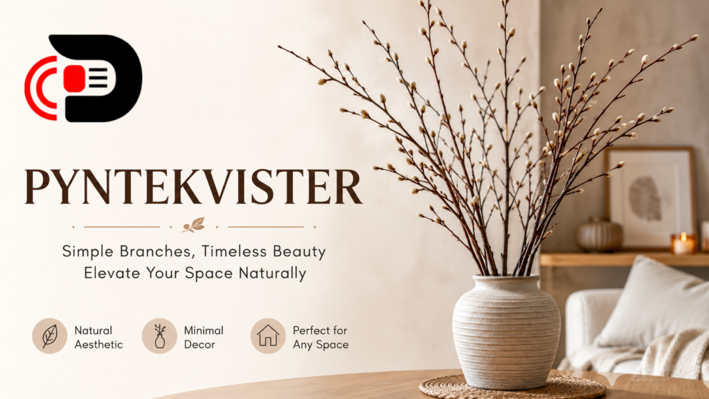 Pyntekvister decorative branches arranged in a ceramic vase inside a modern Scandinavian-style living room with natural home décor and Bee Zee News logo.