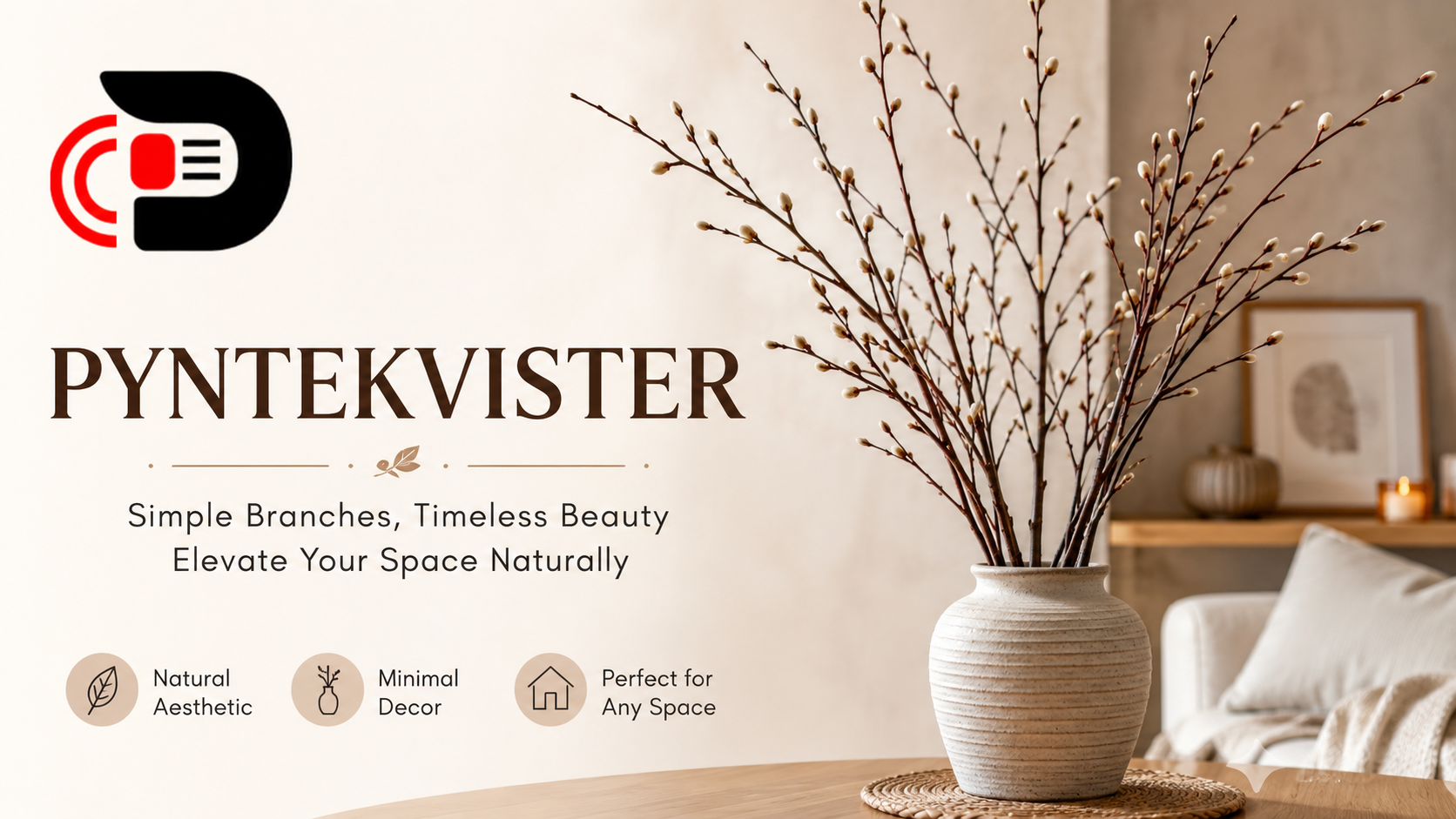 Pyntekvister decorative branches arranged in a ceramic vase inside a modern Scandinavian-style living room with natural home décor and Bee Zee News logo.