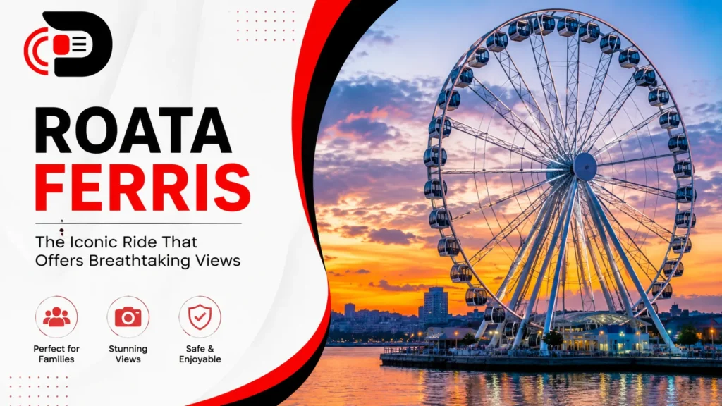 Roata Ferris wheel at sunset overlooking a city skyline with colorful sky and waterfront views.
