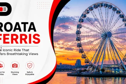 Roata Ferris wheel at sunset overlooking a city skyline with colorful sky and waterfront views.