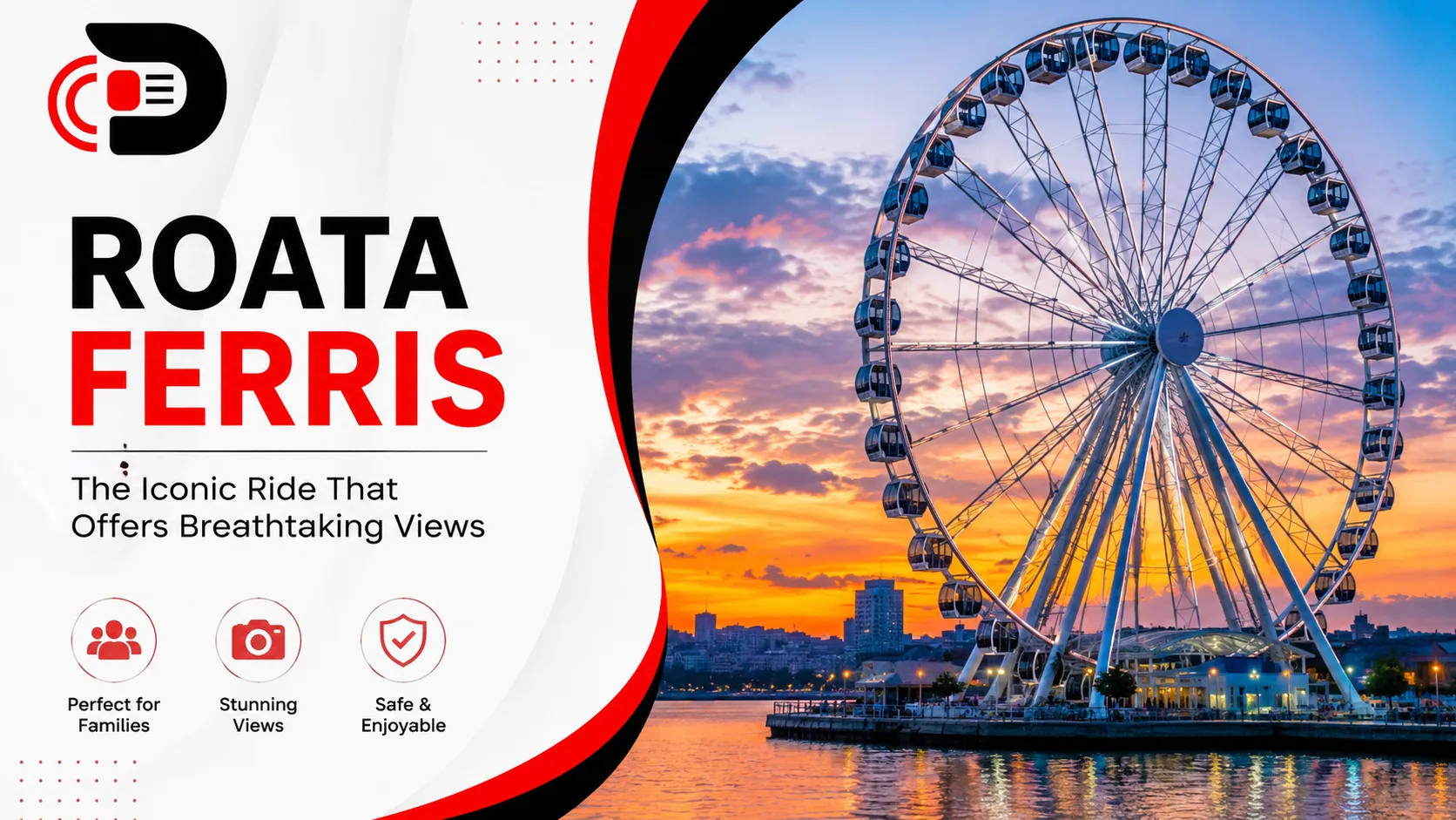 Roata Ferris wheel at sunset overlooking a city skyline with colorful sky and waterfront views.