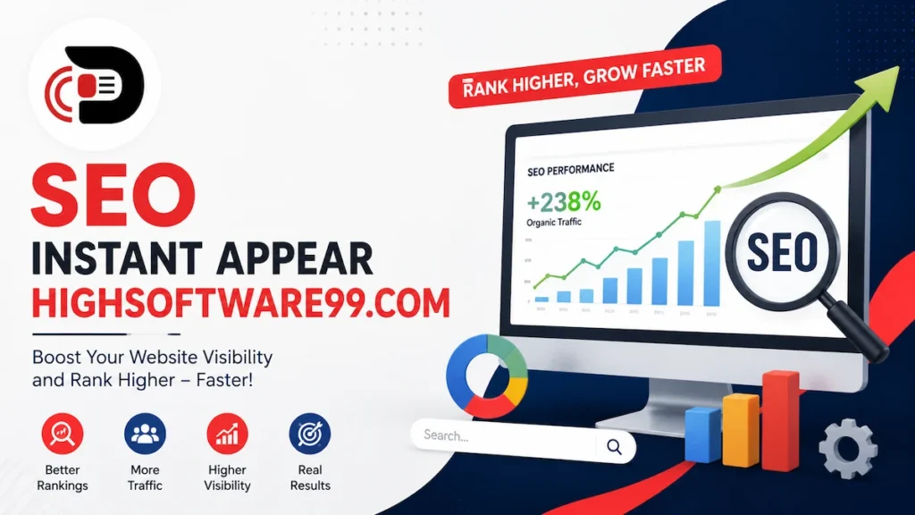 SEO Instant Appear HighSoftware99.com dashboard showing website ranking growth, organic traffic increase, search optimization analytics, and digital marketing performance metrics.