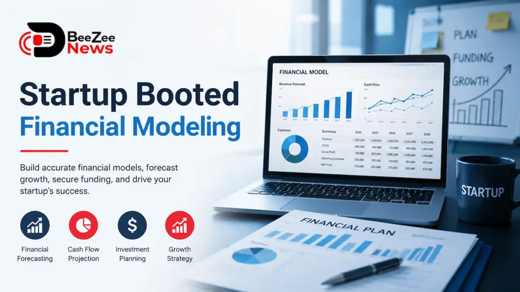Professional Startup Booted Financial Modeling featured image showing financial forecasting dashboards, growth charts, funding strategy planning, and business financial analysis with BeeZee News branding.