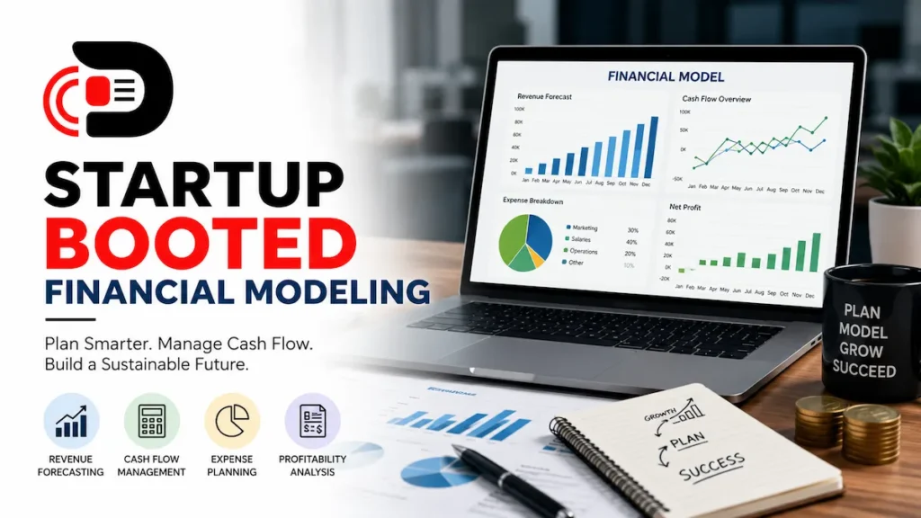 Startup booted financial modeling dashboard showing revenue forecasts, cash flow analysis, profitability metrics, and business growth planning with financial charts and analytics.