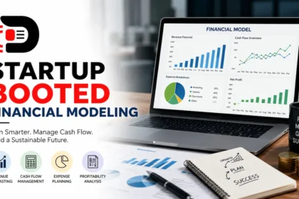 Startup booted financial modeling dashboard showing revenue forecasts, cash flow analysis, profitability metrics, and business growth planning with financial charts and analytics.