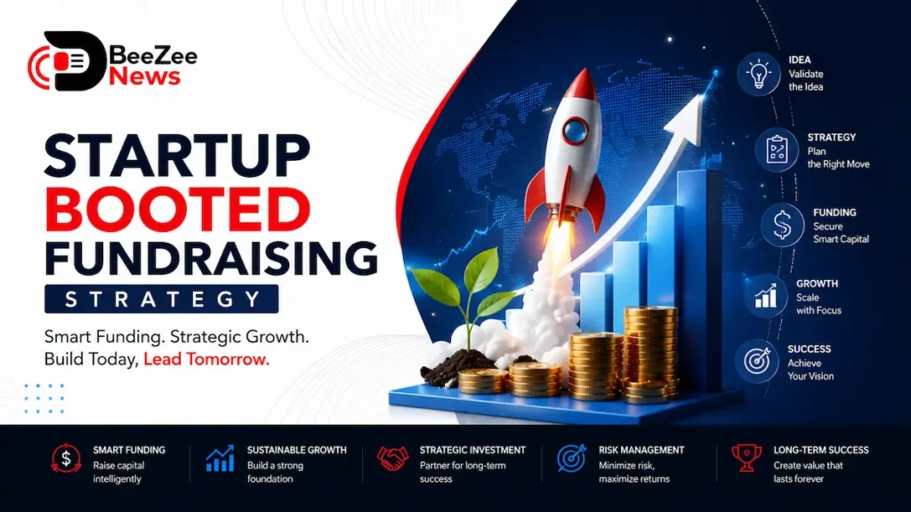 Startup booted fundraising strategy illustration featuring BeeZee News logo, rocket launch, financial growth chart, investment coins, and startup funding concept.