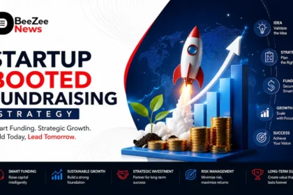 Startup booted fundraising strategy illustration featuring BeeZee News logo, rocket launch, financial growth chart, investment coins, and startup funding concept.