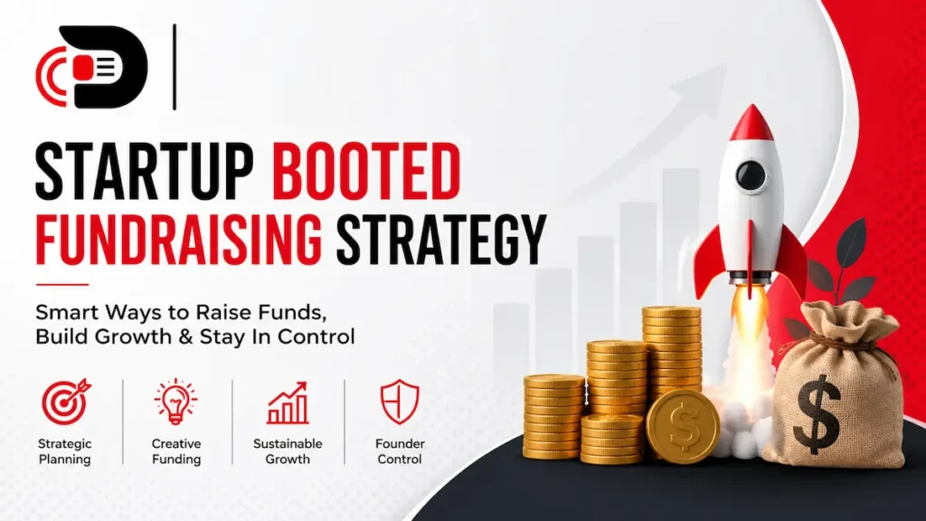 Startup booted fundraising strategy illustration featuring a rocket launch, growth chart, money bag, gold coins, and business funding concepts with company logo.
