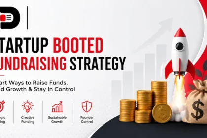 Startup booted fundraising strategy illustration featuring a rocket launch, growth chart, money bag, gold coins, and business funding concepts with company logo.