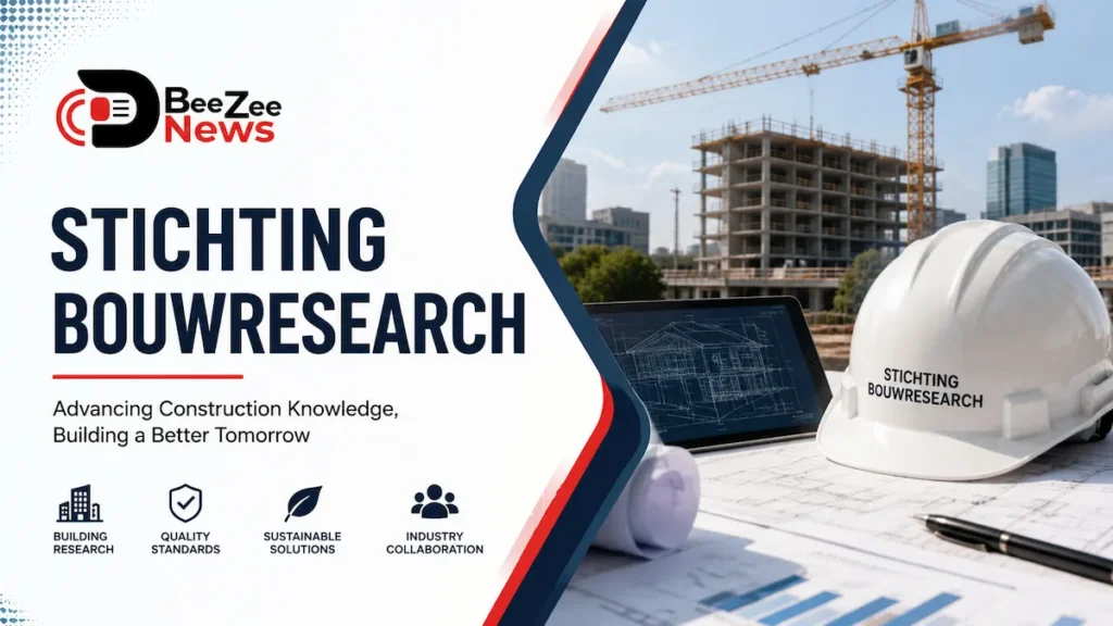 Stichting Bouwresearch featured image showing construction research, building development project, architectural blueprints, safety helmet, and modern construction site with BeeZee News logo.