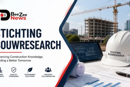 Stichting Bouwresearch featured image showing construction research, building development project, architectural blueprints, safety helmet, and modern construction site with BeeZee News logo.