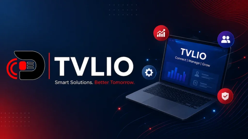 TVLIO featured image showing a modern digital technology platform with analytics dashboard, laptop interface, business growth icons, and TVLIO branding.