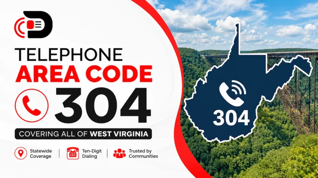 Telephone Area Code 304 featured image showing West Virginia state map, phone icon, and coverage information for the historic 304 area code serving the entire state.
