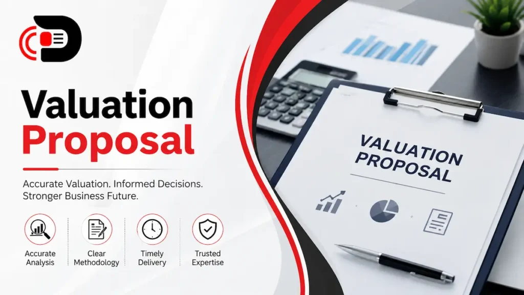 Professional valuation proposal document with financial charts, business analysis tools, and corporate valuation planning elements.