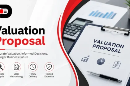 Professional valuation proposal document with financial charts, business analysis tools, and corporate valuation planning elements.