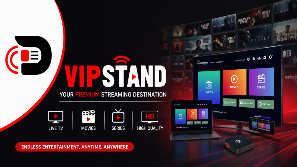 Vipstand live sports streaming featured image showing a football match on a digital streaming screen with live video interface, sports icons, and Vipstand branding.