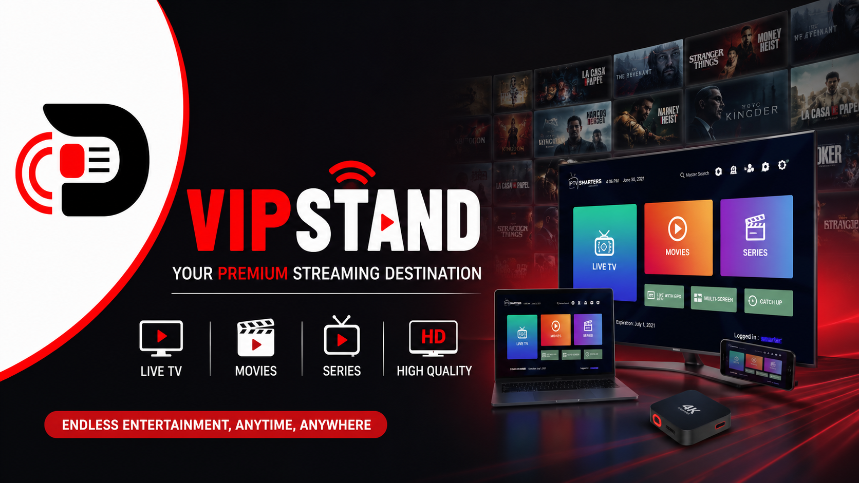 Vipstand live sports streaming featured image showing a football match on a digital streaming screen with live video interface, sports icons, and Vipstand branding.