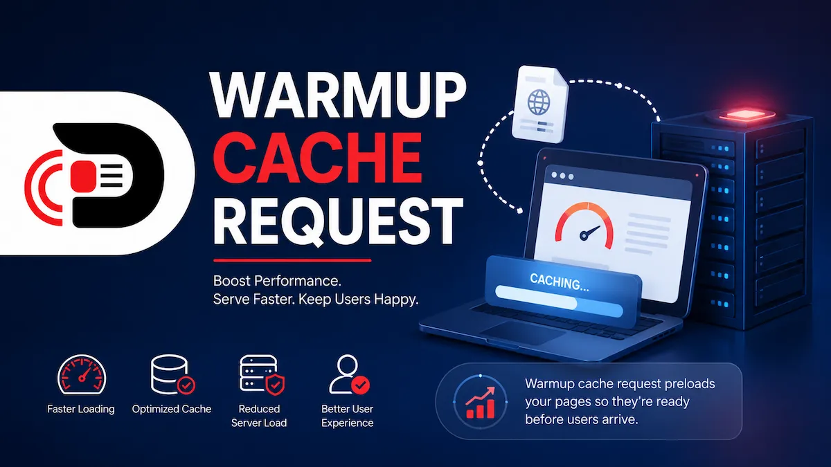 Modern illustration of a warmup cache request process showing server caching, website optimization, faster page loading, and improved web performance with Bee Zee News branding.