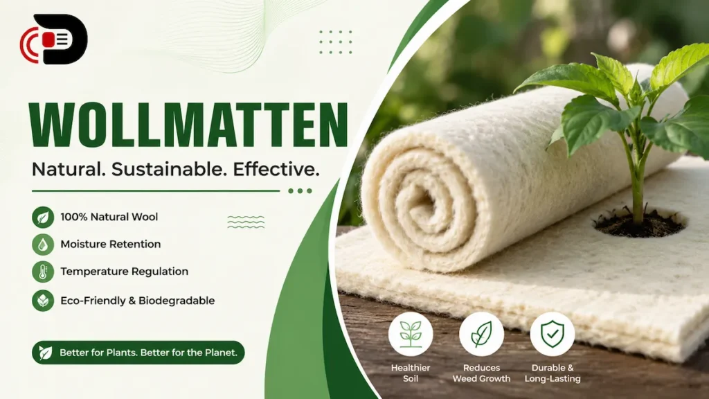 Natural wollmatten wool mat roll displayed beside a healthy green plant, highlighting eco-friendly gardening, moisture retention, and sustainable insulation benefits.
