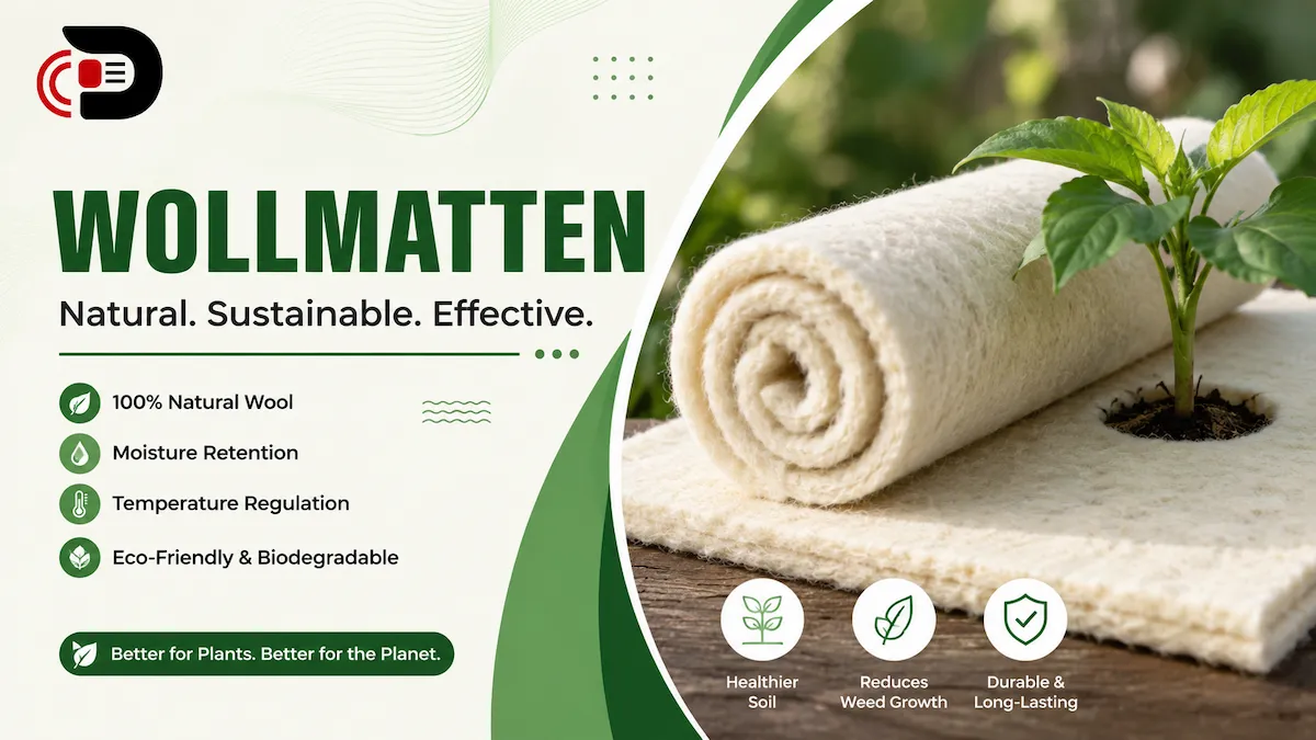 Natural wollmatten wool mat roll displayed beside a healthy green plant, highlighting eco-friendly gardening, moisture retention, and sustainable insulation benefits.