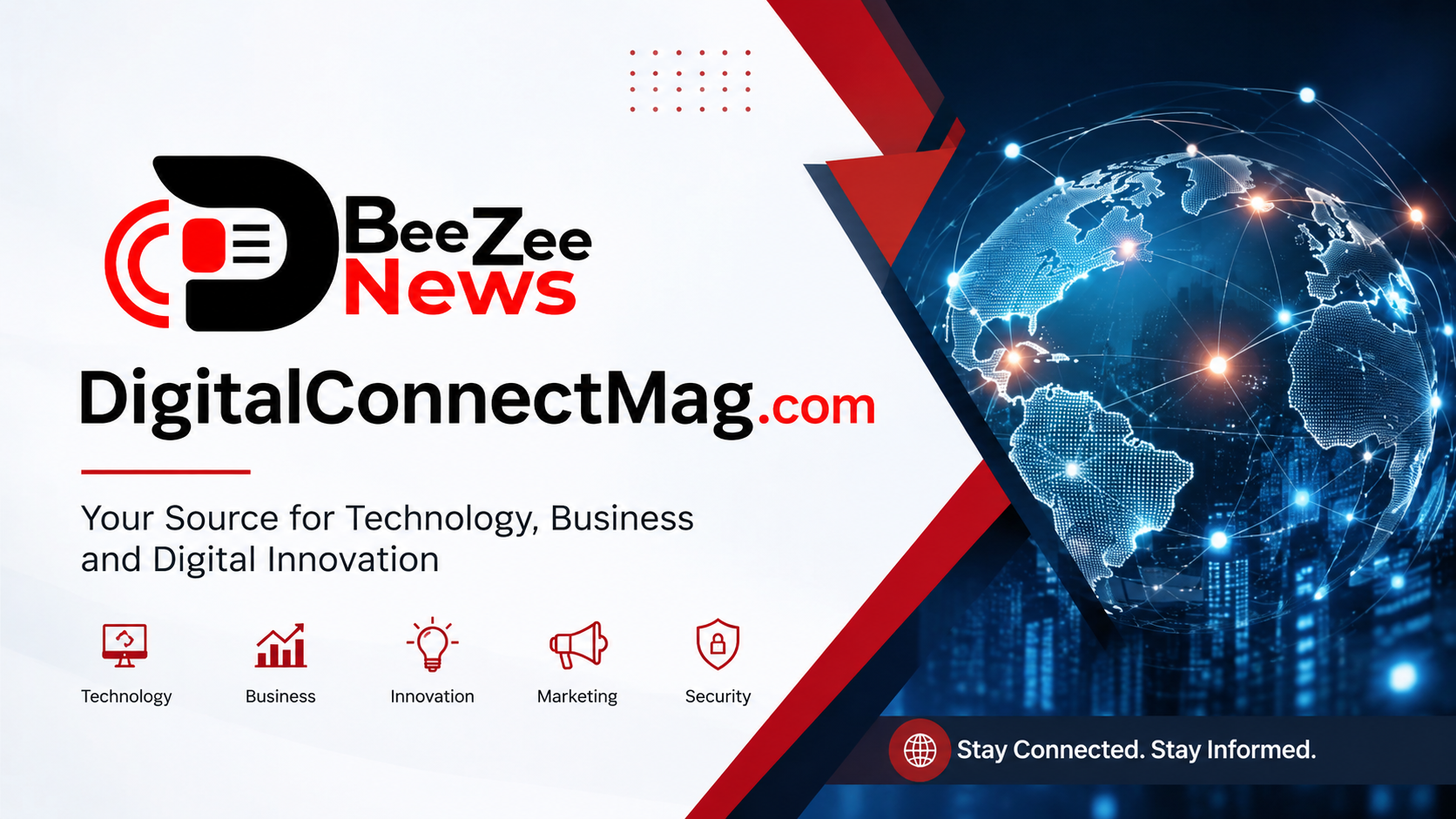 DigitalConnectMag.com featured image with BeeZee News logo, global digital network, technology, business, innovation, marketing, and cybersecurity concepts.